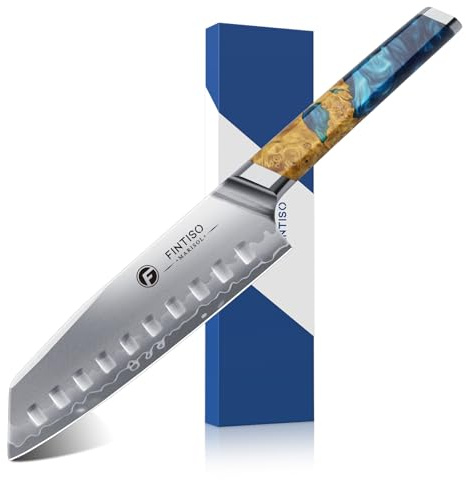FINTISO Santoku Messer 18CM, Japanisches Küchenmesser Aus S35VN Pulverstahl Mit 7-Lagigem Verbundstahl, Scharfes Kochmesser Mit Harz-Holzgriff – Geschenkidee