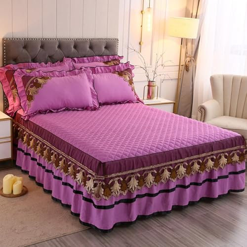 Spannbetttuch 150x200cm, Lila Spannbetttuch Volltonfarben mit Spitze Baumwolle Spannbetttuch + 2 Kissenbezüge