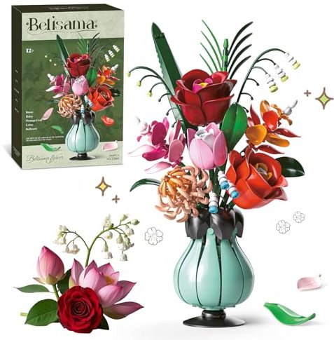 kiothdre Flowers Bouquet Building Blocks Set with Vase, Roses, Lotus, Lily of the Valley for Adults Girls, Botanical Collection Home Décor, Office Decor, Gifts for Valentines Birthdays Mother's Day