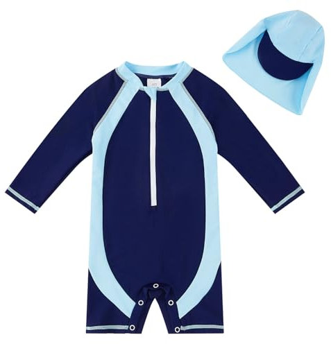 UMELOK ‌Combinaison Natation Bébé Garçon et Fille Protection Solaire UPF50+ Intégrée Chapeau et Manches Longues Séchage Express‌ Patchwork Bleu 68/74