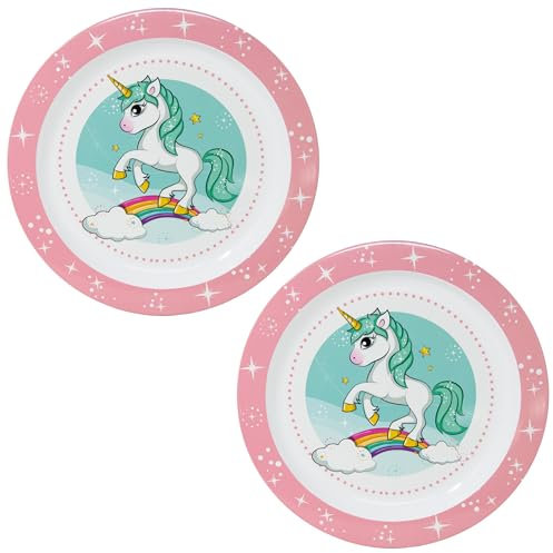 damaloo Assiettes enfant licorne – Set 2 pièces en plastique sans BPA, réutilisable & compatible micro-ondes – Assiettes colorées 22 cm pour petit-déjeuner, goûter & repas