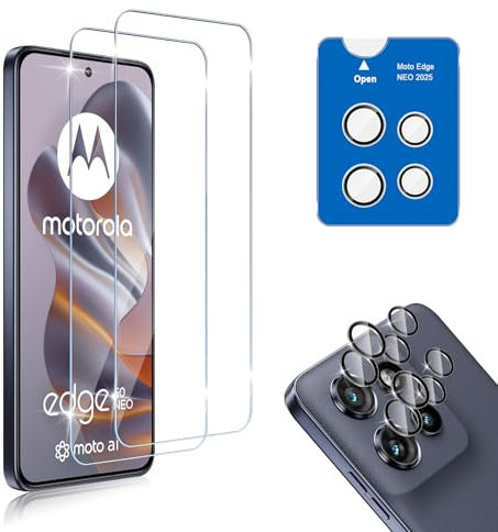 HidWee Compatible avec Motorola Edge 50 Neo Verre Trempé 2 Pièces + 2 Pièces Caméra Arrière Protecteur, HD sans Bulles Anti-Huile 9H Dureté Protection Décran + Caméra Arrière Protecteur