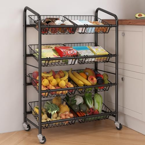 Ornestia Carro de cocina con 4 niveles – Carro de almacenamiento con 8 cestas y asa, 65 cm W carro de metal con ruedas negras