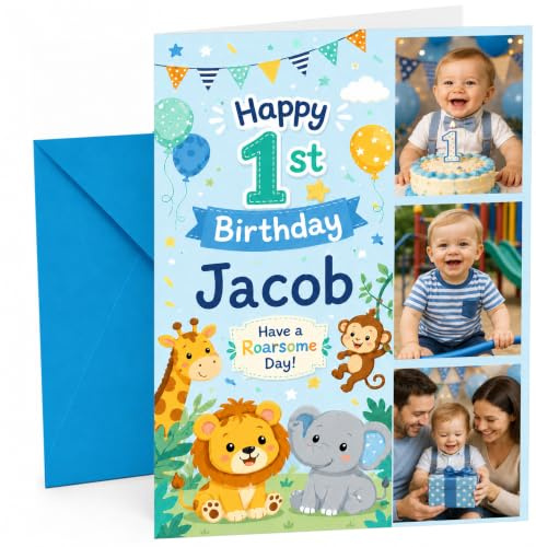 Personalised 1st Birthday Card for Boy, A5 Jungle Photo Card
