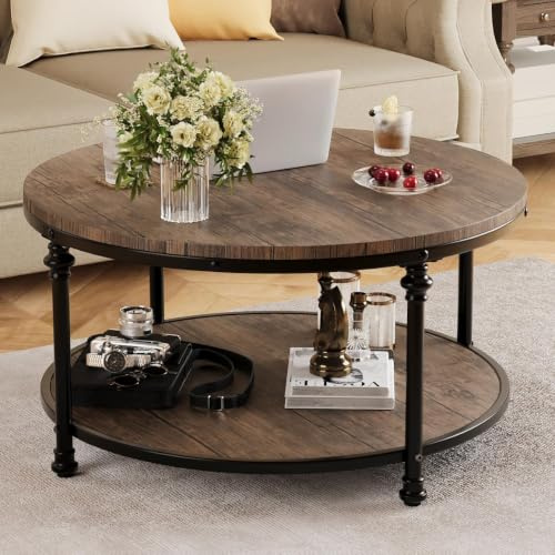 GarveeMore Rustic 2-Tier Round Coffee Table for Living Room | Sturdy Roman Column Metal Frame – Open Storage Shelf – Easy Assembly – Small 30.5 inch Wood Grain Brown