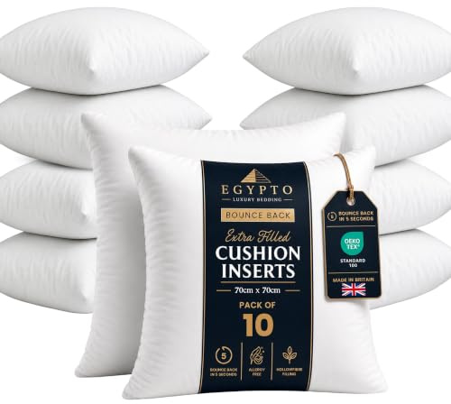 EGYPTO Pack of 10 Cushion Inserts 70cm x 70cm | Plump Bounce Back 28x28 Inch Cushion Pads | Hypoallergenic Sofa & Throw Pillows Inner | Made in UK