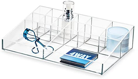 iDesign Porta trucchi, Porta pennelli make up con 13 scomparti della collezione firmata da Sarah Tanno, Portatrucchi trasparenti in plastica per rossetti e palette, trasparente