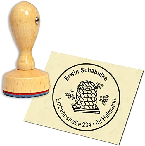 Stempel Adressstempel Holzstempel - Bienenstock mit Bienen - rund ∅ 40mm personalisiert als Firmenstempel Namensstempel Bürostempel