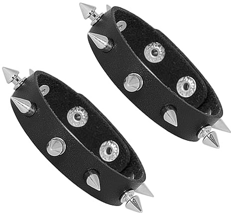 Manfnee 2Pack Punk Goth Bracelet for Man Women PU Leather Spike Rivet Metal Studded Wristbang Black