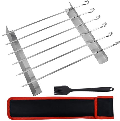 GXFCING Stainless Steel Kebab Skewers and Rack Set, 6 Premium SUS304 BBQ Grilling Skewers with Skewer Holder, Oil Brush & Storage Bag, Reusable Barbecue Tool for BBQ Parties, Meat, Vegetables