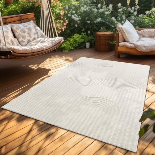 Paco Home Outdoor Teppich Wetterfest Wohnzimmer Küchenteppich Balkon Boho Skandi Design Regenbogen Muster Einfarbig Geometrisch Beige Creme, Grösse:240x340 cm