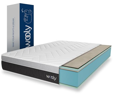 Wooly Level II Colchón 160x200 cm - Altura Premium 32 cm - Confort 13 Capas - Gel Activo - Fibra Natural de Lana - Espuma Viscoelástica - Blue Látex - Soporte Firme - Fabricado en Europa