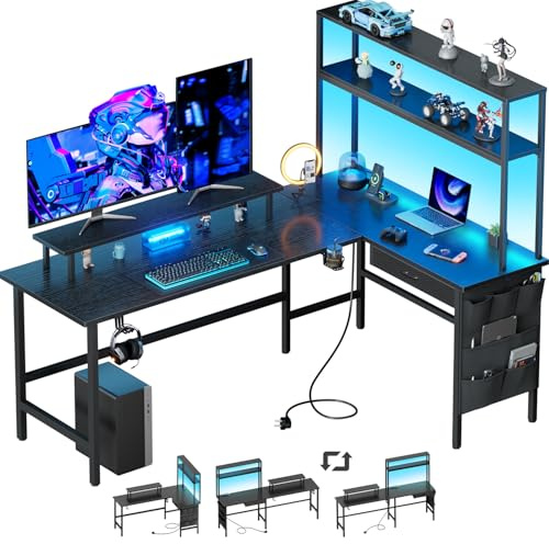 HLFURNIEU Mesa Gaming LED 150 x 100 cm, Escritorio Esquinero con Enchufes y Puertos USB, Escritorio Gaming en L con Cajón & Bolsa de Almacenamiento, Mesa Ordenador con Soporte para Monitor, Negro