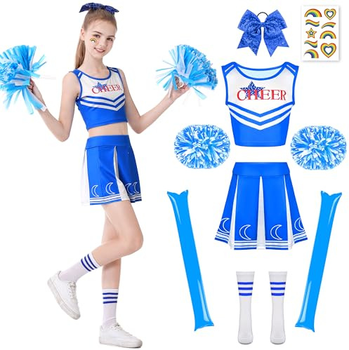 Charmofun Deguisement Pompom Girl, Costume Cheerleader Fille avec Barrette Nœud, Bâton de Majorette, Pompons et Chaussettes, Cheerleader Enfant Uniforme pour Halloween Carnaval Fêtes (Bleu, 130CM)