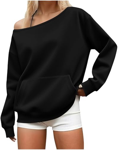 Off The Shoulder Tops for Women Long Sleeve Off Shoulder Jumper Soft Lightweight Ladies Sweatshirt Causal Loose Blouse with Pocket Oversized Tshirts Tunic