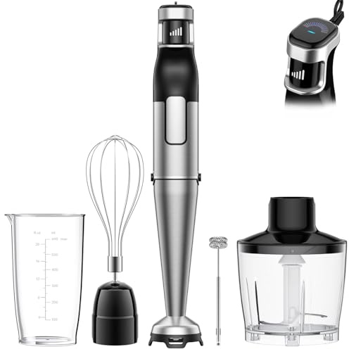 BESROY Stabmixer Set 5 in 1, 1100W Pürierstab Elektrisch, Stufenlose Geschwindigkeit, Edelstahl Hand Blender inkl. Häcksler, Schneebesen, Milchaufschäumer & Messbecher, Ideal für Suppen, Smoothies
