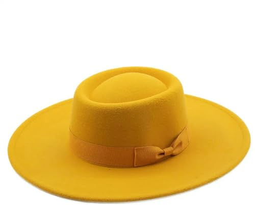 LUYYBDBG Gorro de Invierno Sombrero Copa Plano Negro Liso ala Ancha 9,5 Cm, ​​Sombreros Fieltro Fedora para Mujer con Lazo, Panamá Vintage Boda E Iglesia-Amarillo