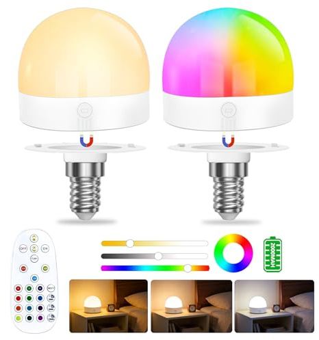 Lampadina E14 Ricaricabile Colorata LED, 1,5W Lucina Notturna Dimmabile da Comodino con Telecomando,15 Colori RGB, Timer, 2000 mAh, Bulbo E14 Senza Filo Staccabile per Lampade non Cablate