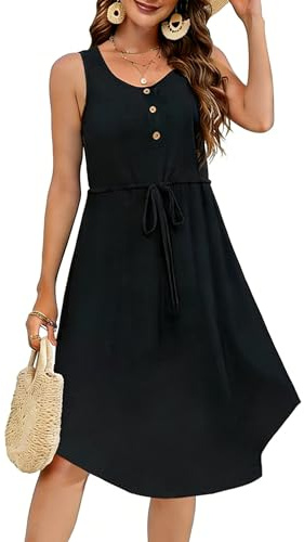 Vossmi Donna Casual Vestiti Senza Maniche Maxi Girocollo Abito da Spiaggia Bohemien Casual Vestito Elegante Midi Stile Corsetto Dress con Bottoni Estiva