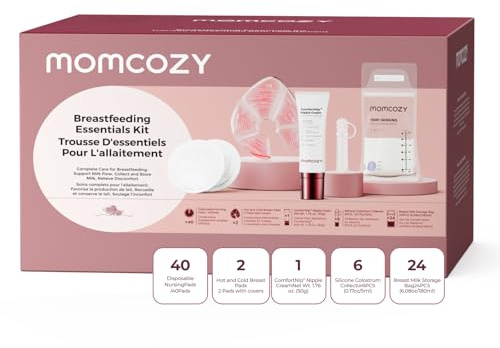 Momcozy 73pc Postpartum Essentials Kit, Initiate breastfeeding for New Moms, Hospital Bag Must Haves with Nursing Pads, Hot & Cold Breast Pads, Nipple Cream, Colostrum Collectors and Milk Storage Bags