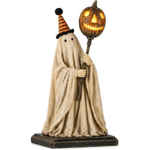 Figura de fantasma vintage iluminada con bastón de calabaza brillante | Lindas decoraciones de Halloween para chimenea, entrada o mesa