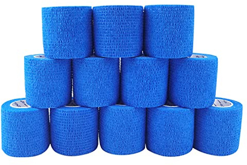 COMOmed Vendaje cohesivo autoadherente de 2 x 5 yardas, vendas de primeros auxilios, elásticas, deportivas, cinta veterinaria para esguinces de muñeca, tobillo, esguinces e hinchazón, color azul (12