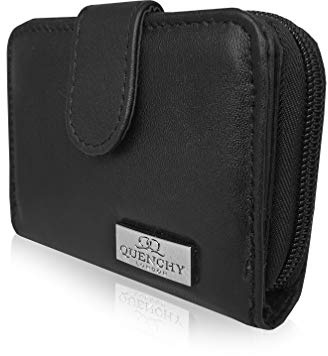 Quenchy London Geldbörse für Damen, Leder, RFID-blockierend, mit 3 Münzen und 6 Kartenfächern, Sichtfenster für Foto und Ausweis, Reißverschluss, Innenfach aus Mikrofaser, 12cm (Schwarz) - QL220RFID