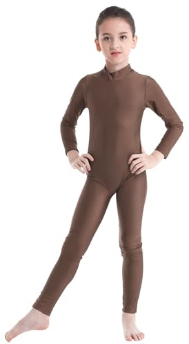 JanJean Little Big Girls Boys Long Sleeves Mock Turtleneck Ballet Dance Gymnastic Sports Leotard Unitard Bodysuit Biketard Brown 10-12 Years