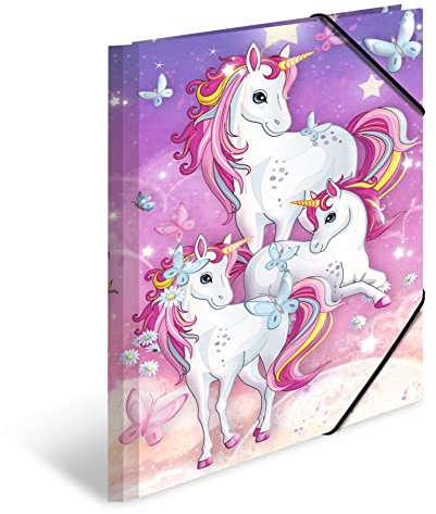 HERMA Sammelmappe A4 Einhorn, Eckspanner-Mappe aus Pappe mit Kindergarten Motiv, Gummizug, Innenklappen und Innendruck für Jungen, Mädchen und Kinder