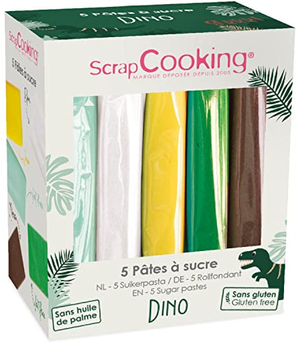 ScrapCooking - Lot de 5 Pâtes à Sucre Dinosaure - Jaune, Vert, Marron, Vert d’Eau, Blanc - 5 x 80 g - Pour Gâteaux Biscuits Décors Pâtisseries - Thème Dinos - Animaux, Jungle - 7249