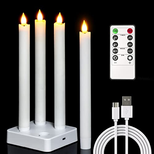 PChero 4 LED-ljus, uppladdningsbara stavljus med laddningsstation och fjärrkontroll | 100–120 timmar Körtid, vitt äkta vax, uppladdningsbara ljus med timerfunktion, flimrande stavljus dimbar, bordsdekoration
