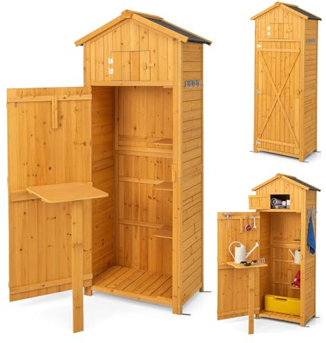 RELAX4LIFE Armadio da Esterno in Legno Massello Verniciato Giallo – Doppia Porta + Tavolino Pieghevole – Tetto in Asfalto Antipioggia – 65x42x180,5 cm – per Giardino, Patio e Cortile