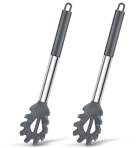 Spaghettilöffel, Joyfair 2 Stück Silikon Nudellöffel Set, Hitzebeständig 33 cm Nudelkelle mit Griff aus Edelstahl, Nudelzange für Nudeln/Spaghetti/Kochen/Backen, Spülmaschinenfest - Grau