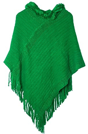 JFAN Poncho dam vinter höst poncho och cape stickad för kvinnor pompom mössa stickad poncho fransar plysch med huva, grön, one size