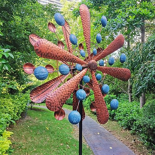 SJASD Girandole da Giardino,Mulino a Vento in Metallo,Decorazioni da Giardino Mulini a Vento, Sculture a Doppio Mulino a Vento con palo in Metallo Stabile,60 x 213 cm (L * A)