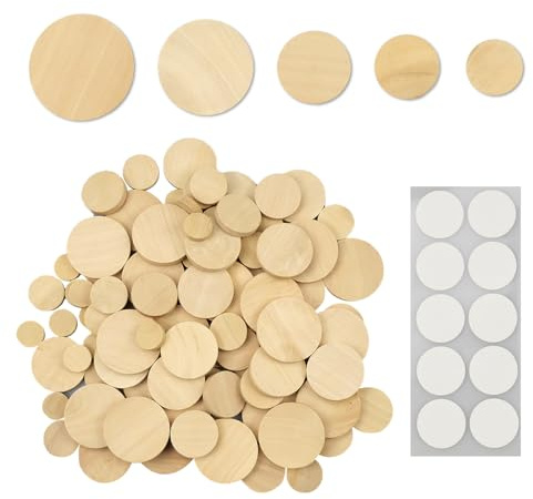 milaosk 200 Pcs Round Wooden Discs Unfinished Wooden Circles Wooden | Log Slices Round Wood Coins Wooden Chip Circles with Self-Adhesive Dots for Craft, DIY Decoration 15mm-35mm