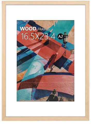 A2 Poster Frame, 42x59.4cm Natural Wood Picture Frames with Polished Acrylic Glass,Easy to Hang,Display A2 without Mat or A3 with Mat for Wall Mounting Horizontally and Vertically