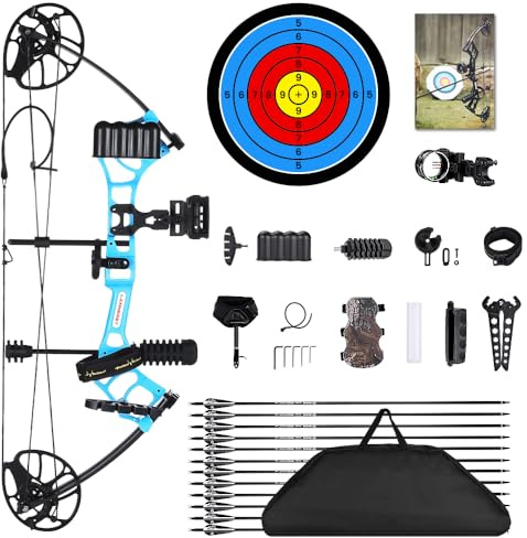 PANDARUS Archery Ready to Hunt Lightweight Compound Bow Package for Adults and Youth，0-50 Lbs Draw Weight,290fps,Limbs Made in USA,with Archery Hunting Equipment 2024 New(Blue Right Handed Pro)
