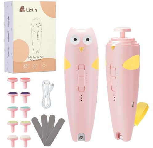 Lictin Elektrische Nagelfeile Baby, Wiederaufladbar Nagelfeile Baby, Nagelfeile Elektrisch mit Licht, Baby Nagelfeile mit 10 Schleifkopf Ersatzpads, Rosa