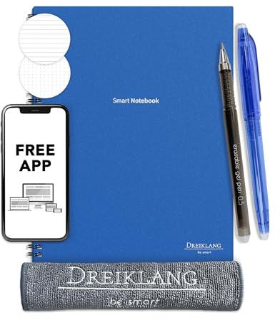 Dreiklang - be smart wiederverwendbares A 5 Notizbuch mit Organizer I Notizblock liniert, gepunktet sowie Planer Seiten I App Cloud I wiederbeschreibbar, Stift, Haftnotizen und Mikrofasertuch