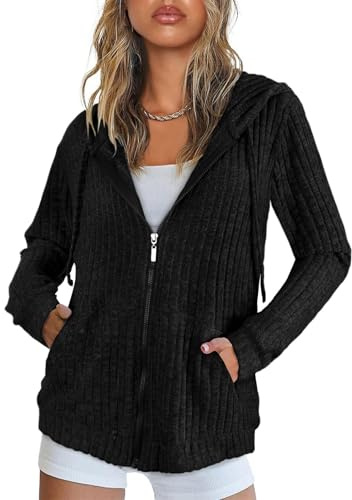 Flikity Womens Zip Up Hoodie, Hooded Cardigan Lightweight Jackets for Women UK Ladies Cardigans Size 18-20 Casual Evening Going Out Tops Fall Coats Plus Size Tops Womens Autumn Clothes Black XL