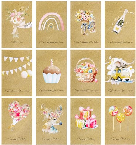 Heveer Tarjetas de Felicitación Tarjetas Plegables de Papel Kraft con Sobres Pegatinas para Cumpleaños Navidad 12 Piezas