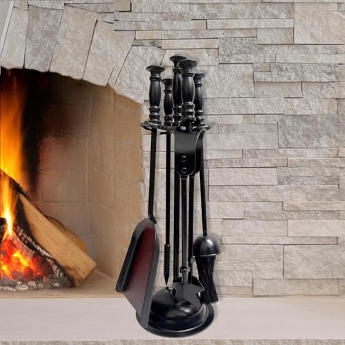 Marco Paul 5pc Fireside Companion Set Heavy Duty Steel Companion Sets For Log Burners Fireplaces Hard Wearing Black Fire Poker Set Fireplace Tool Sets Long Lasting Fireplace Accessories
