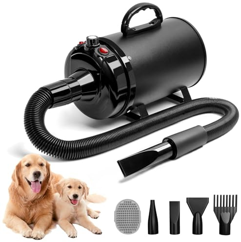 Blanlody Soffiatore per Cani Blower Molto Silenzioso, 5,2 CV/3800 W, Velocità Regolabile, Ventilatore per la Cura Del Cane con 4 Diversi Ugelli, Tubo Elastico