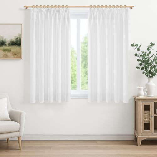 MRTREES Cortinas Lino Cortas para Ventanas 140x160 CM Cortinas Salon Modernas Translucidas 2 Piezas Cortina Visillo con Ganchos para Dormitorio Comedor Habitacion, Blanca
