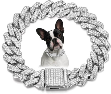Silverhalsband för stora hundar, kubanskt länkhalsband med paljetter, strass för små, medelstora och stora hundar (50,8 cm)