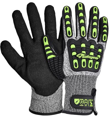 SAFEYEAR Level 5 Gants de travail résistants aux coupures avec revêtement en sable nitrile avec protection contre les chocs en TPR, jaunes, antidérapants, anti-vibrations, avec écran tactile, taille