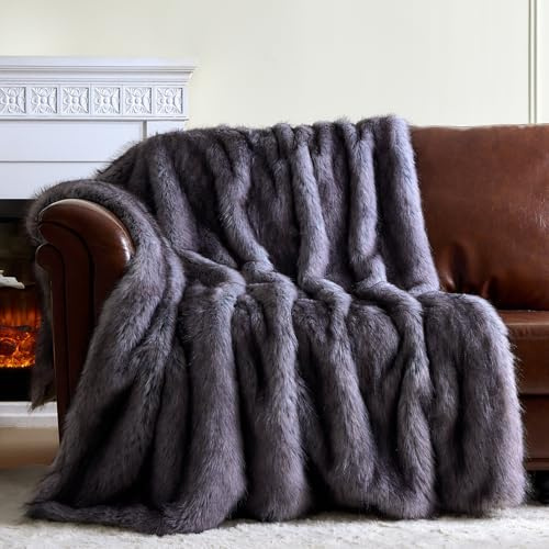IKALIFE Luxury Faux Fur Blanket - 150 x 200 cm Thick Warm Double Sided Fluffy Blankets, Winter Cozy Fuzzy Fur Throws, Super Soft Cosy Plush Grey Throw For Bed Sofa Couch