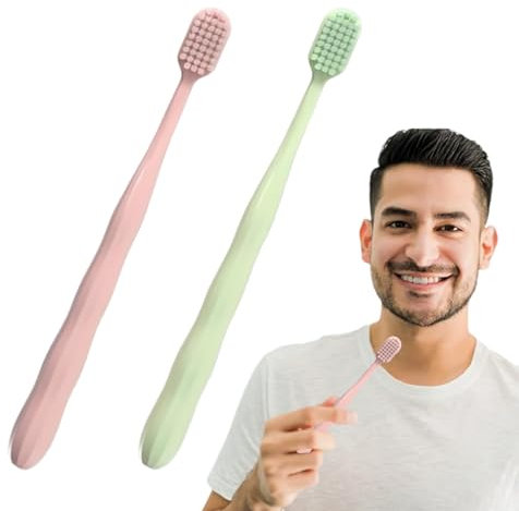 Confezione da 2 spazzolini manuali a testa larga, per la pulizia dei denti e gengive, per adulti, per la casa, portatile, per coppie, colore rosa e verde