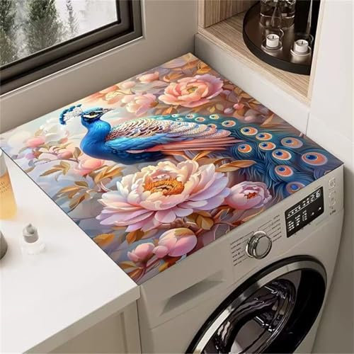 Highdi Imprimé Paon 3D Housse de Protection pour Machine à Laver Top,Coussin de Machine à Laver Antidérapant Housse de Machine à Laver pour Machine à Laver Ou Sèche-Linge (Fleurs 3,65x65cm)